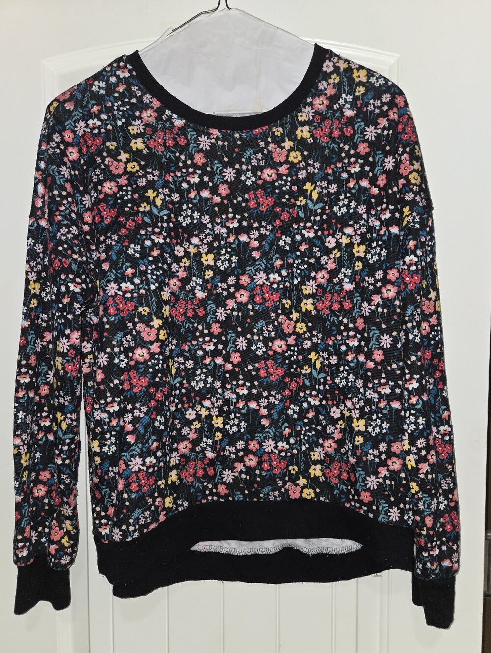 Floral Crewneck Sweatshirt - Black with Pink & Yellow Floral Print